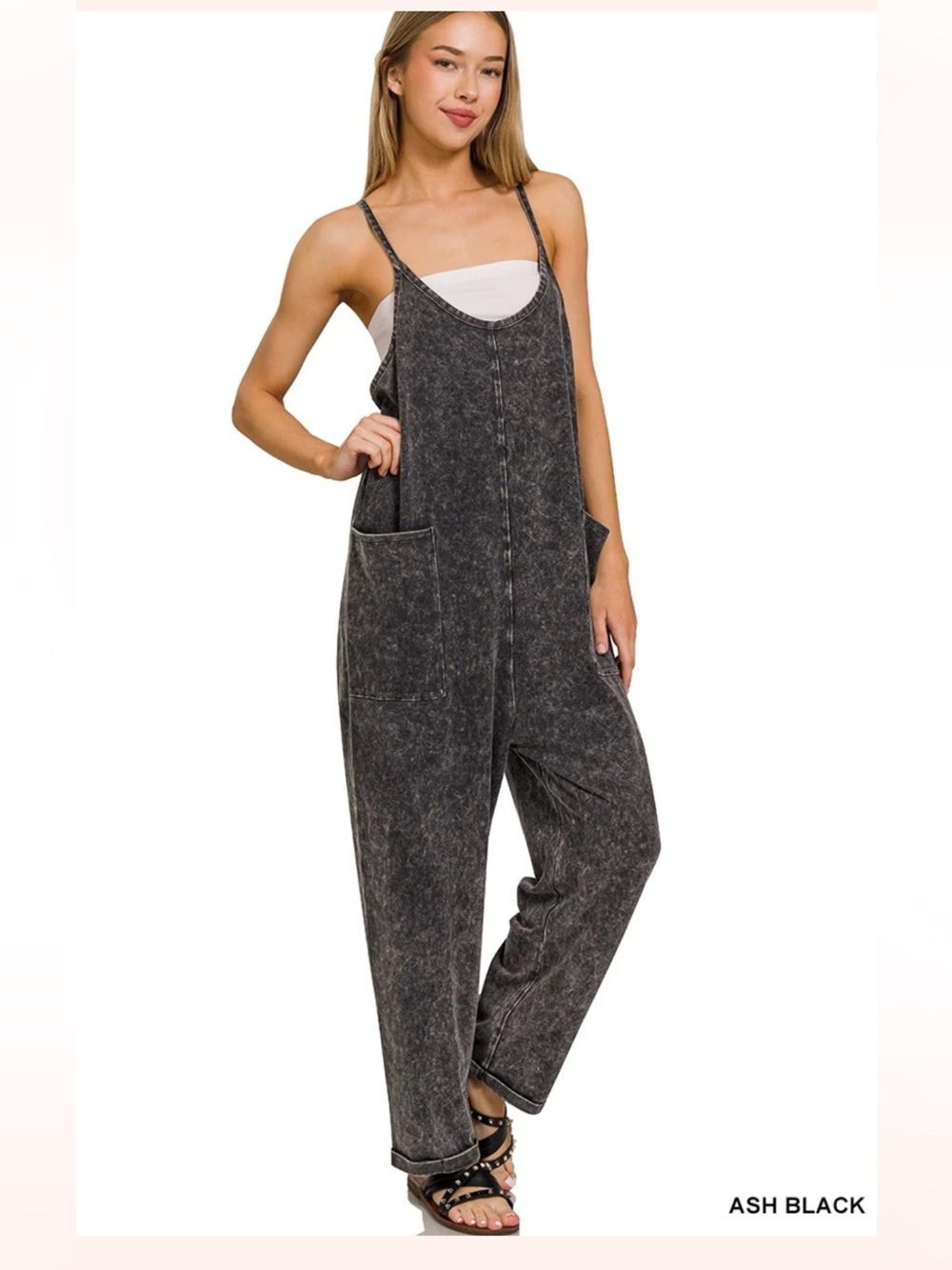Zenana Mineral Wash Drop-Crotch Overalls / Romperalls